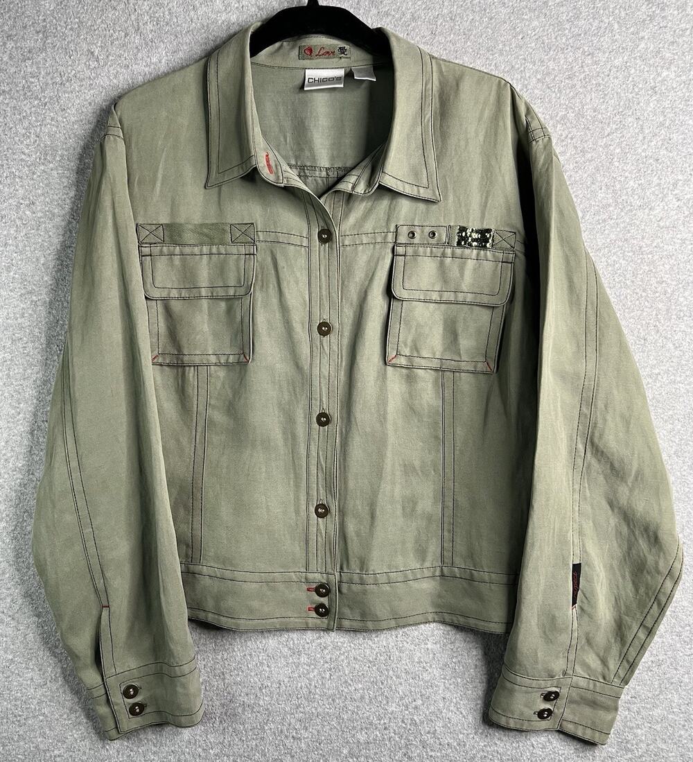 Chico’s Olive Green Silk Linen Utility Jacket Size 3 Lightweight